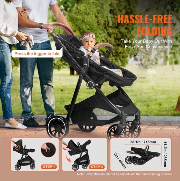 Standard Baby Stroller, Infant Toddler Stroller With Bassinet, 3rd-Gear Adjustable Backrest & Foldable & Reversible Seat, Carbon Steel Newborn Stroller With Leg Cover And Mesh Net, Black - Image 2