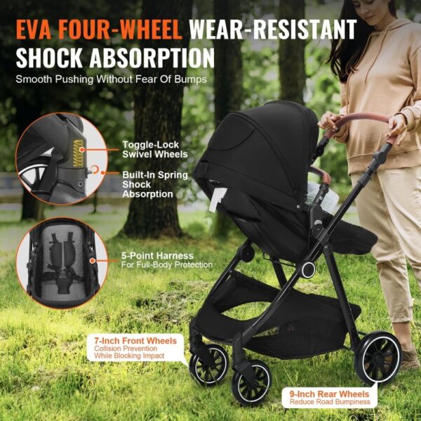 Standard Baby Stroller, Infant Toddler Stroller With Bassinet, 3rd-Gear Adjustable Backrest & Foldable & Reversible Seat, Carbon Steel Newborn Stroller With Leg Cover And Mesh Net, Black - Image 4