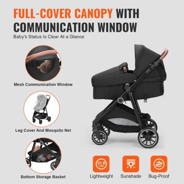Standard Baby Stroller, Infant Toddler Stroller With Bassinet, 3rd-Gear Adjustable Backrest & Foldable & Reversible Seat, Carbon Steel Newborn Stroller With Leg Cover And Mesh Net, Black - Image 3